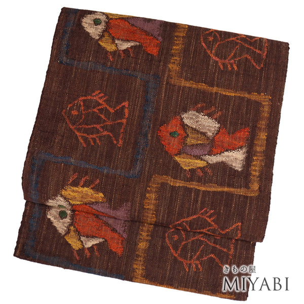 名古屋帯 リサイクル 帯丈350cm 六通 魚柄 ブラウン Sサイズ 正絹 Sランク お洒落 カジュアル