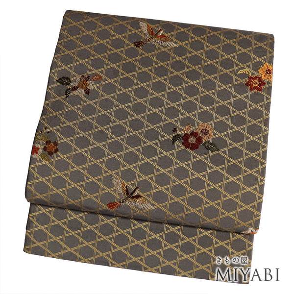 袋帯 リサイクル 帯丈430cm 六通 花柄 刺繍 グレー Sサイズ 正絹 Sランク お洒落