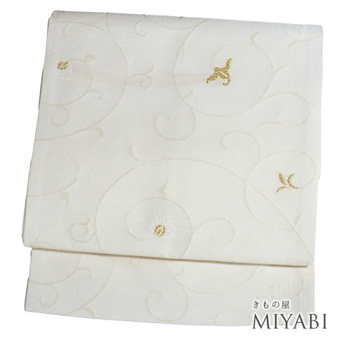 名古屋帯 リサイクル 帯丈374cm 六通 花唐草柄 夏物 西陣織2219 アイボリー Mサイズ 正絹 新品・未使用品 セミフォーマル お洒落 証紙