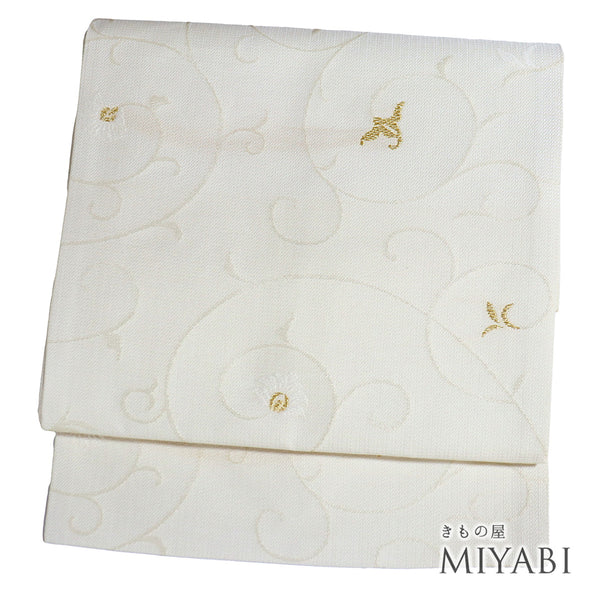 名古屋帯 リサイクル 帯丈374cm 六通 花唐草柄 夏物 西陣織2219 アイボリー Mサイズ 正絹 新品・未使用品 セミフォーマル お洒落 証紙