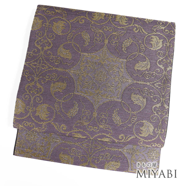 袋帯 リサイクル 帯丈438cm 六通 葉や蔦柄 パープル Mサイズ 正絹 新品・未使用品 お洒落 カジュアル