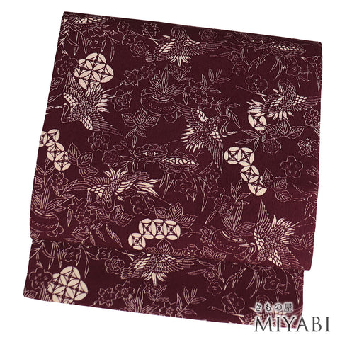 名古屋帯 リサイクル 帯丈337.5cm 全通 鶴柄 直物柄 レッド SSサイズ 混合 Sランク お洒落