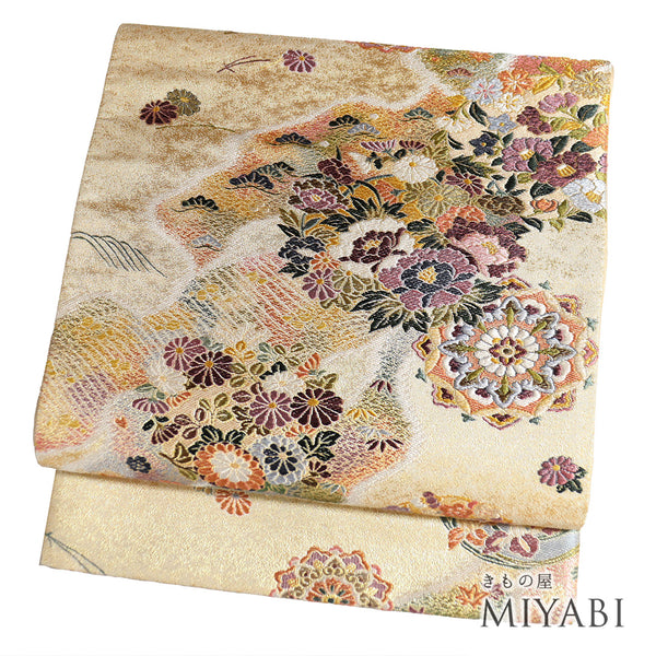 袋帯 リサイクル 帯丈450cm 六通 花華文彩文様 夢宝尽華文様 ゴールド Lサイズ 正絹 Sランク フォーマル セミフォーマル