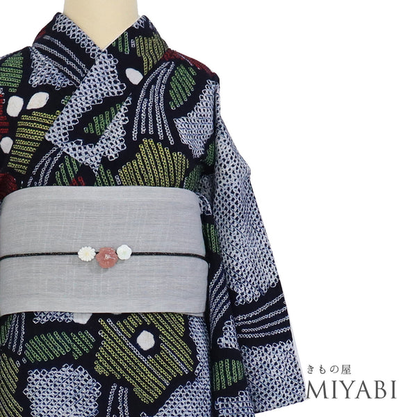 浴衣 リサイクル 夏着物 身丈154.8cm 裄64.8cm 夏物 絞り 花柄 ネイビー Sサイズ カジュアル お洒落 木綿 洗える着物 バチ衿 Aランク