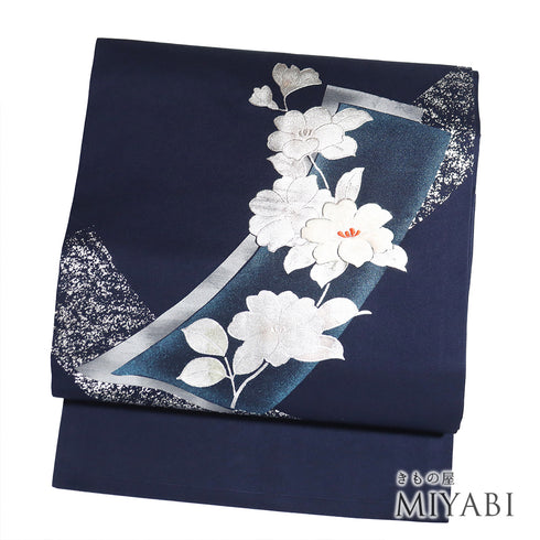 名古屋帯 リサイクル 帯丈351.5cm ポイント柄 花柄 金彩 刺繍 ネイビー Sサイズ 正絹 Sランク お洒落 カジュアル