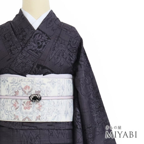 紬 リサイクル 身丈161.5cm 裄65cm 袷 草花柄 パープル Lサイズ お洒落 カジュアル 正絹 広衿 Aランク