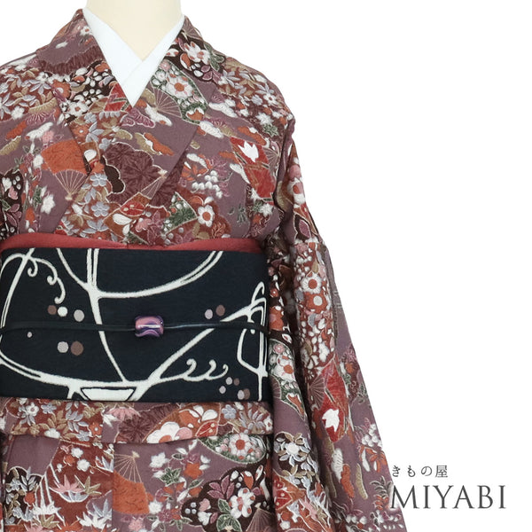 小紋 リサイクル 身丈165cm 裄67.5cm 袷 雲取り扇面に辻が花模様 パープル Lサイズ お洒落 カジュアル ポリエステル 洗える着物 広衿 Sランク