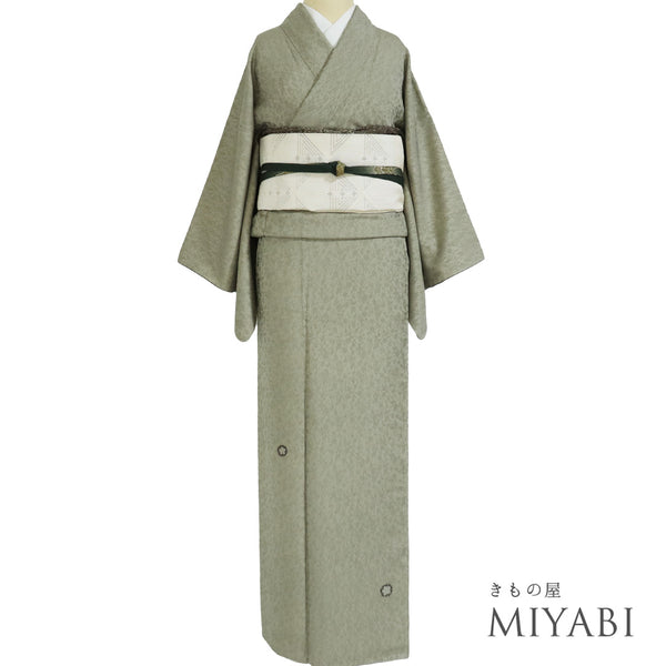 訪問着 リサイクル 身丈164cm 裄64.8cm 袷 ポイント柄あり お召 地紋 グリーン Lサイズ お洒落 一つ紋 正絹 広衿 Sランク