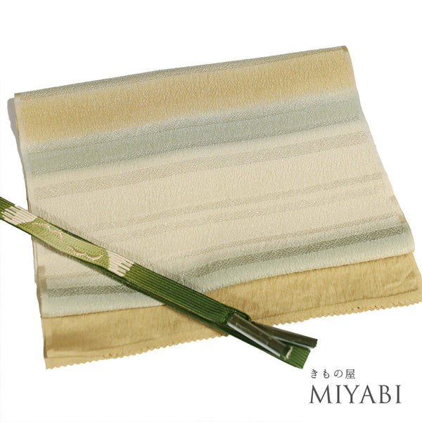 帯締め・帯揚げセット リサイクル 平組紐 ちりめん ベージュ 正絹 新品・未使用品 ボーダー柄 ぼかし柄