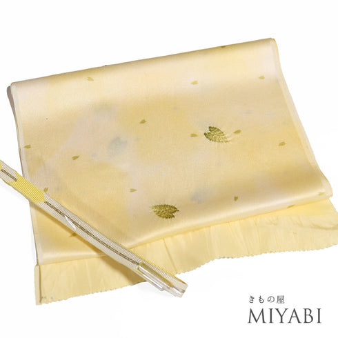 帯締め・帯揚げセット リサイクル 手組紐 ちりめん イエロー 正絹 未使用品 部分絞り 葉柄 ぼかし