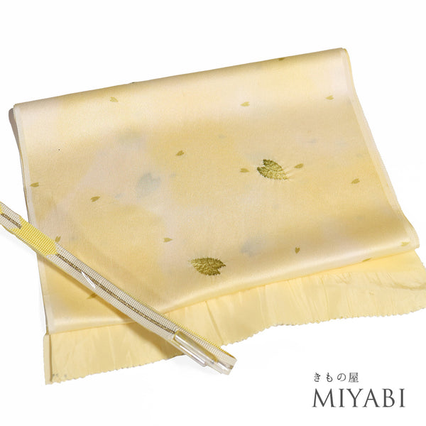 帯締め・帯揚げセット リサイクル 手組紐 ちりめん イエロー 正絹 未使用品 部分絞り 葉柄 ぼかし