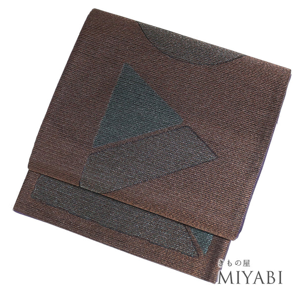 袋帯 リサイクル 帯丈432cm 六通 時代屋 幾何学模様 ブラウン Sサイズ 正絹 新品・未使用品ランク お洒落