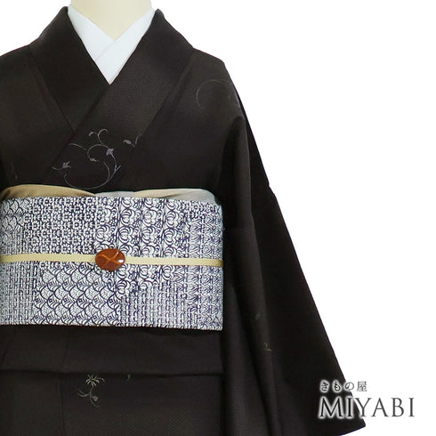 小紋 リサイクル 身丈161.7cm 裄64.8cm 袷 ミシン刺繍 織段ボカシ柄 ブラウン Lサイズ お洒落 カジュアル 正絹 広衿 Sランク