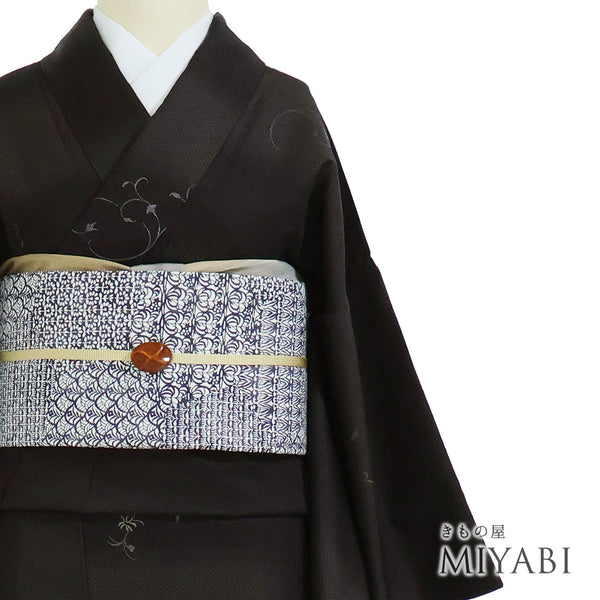 小紋 リサイクル 身丈161.7cm 裄64.8cm 袷 ミシン刺繍 織段ボカシ柄 ブラウン Lサイズ お洒落 カジュアル 正絹 広衿 Sランク