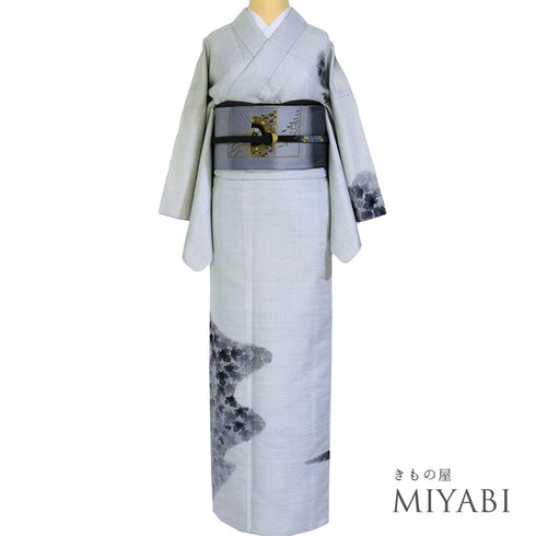 訪問着 リサイクル 身丈157.3cm 裄64.8cm 袷 紬 蔦柄 箔 杉本光正 グレー Mサイズ お洒落 落款 証紙 しつけ糸 正絹 広衿 Aランク