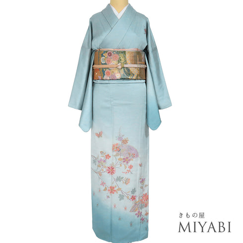 付下げ リサイクル 身丈164.5cm 裄68.6cm 袷 地紙に花や蝶柄 中国汕頭刺繍 ブルー Lサイズ セミフォーマル フォーマル 正絹 広衿 Sランク