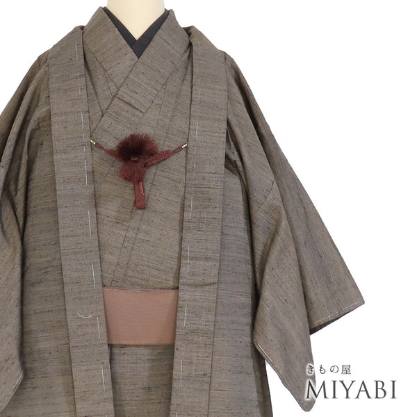 アンサンブル 男物 リサイクル 身丈136cm 裄67cm 羽織丈88cm 袷 紬 上田紬 ゆったり ブラウン SSサイズ お洒落 カジュアル 証紙 しつけ糸 正絹 棒衿 Sランク