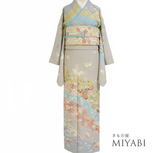 訪問着 リサイクル 身丈162.4cm 裄66.4cm 袷 七宝や菊柄など 金駒刺繍 パールトーン加工 多色 Lサイズ セミフォーマル 一つ紋 正絹 広衿 Sランク
