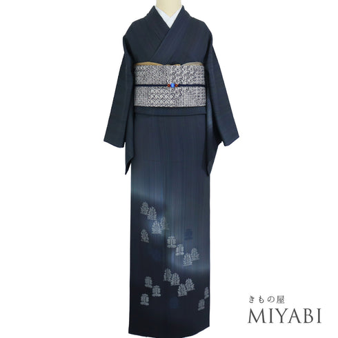 訪問着 リサイクル 身丈153.7cm 裄64cm 袷 縞模様 刺繍 ボカシ柄 藤林徳扇作 多色 Sサイズ お洒落 正絹 広衿 Sランク