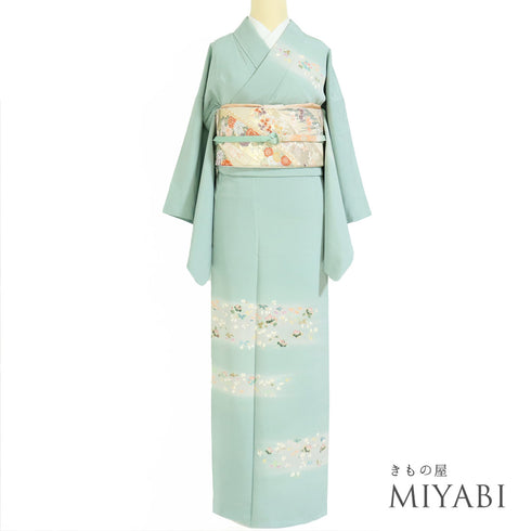 訪問着 リサイクル 身丈157.3cm 裄64cm 袷 小花散らし模様 グリーン Mサイズ セミフォーマル お洒落 正絹 広衿 Aランク