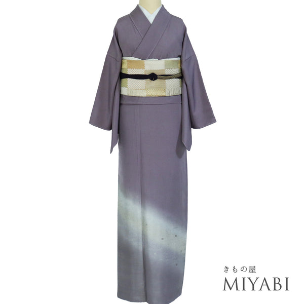 訪問着 リサイクル 身丈159cm 裄66.4cm 袷 紬 ゆったりサイズ 源氏香柄 青海派模様 松尾光琳作 パープル Mサイズ お洒落 落款 しつけ糸 正絹 広衿 Sランク