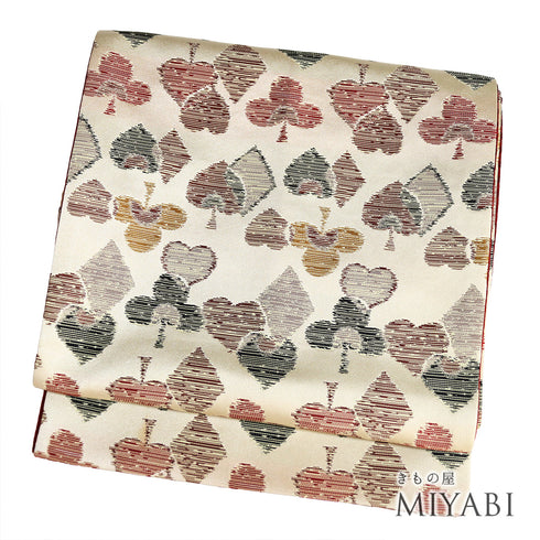 京袋帯 リサイクル 帯丈376cm 全通 トランプ柄 ベージュ Mサイズ ポリエステル Aランク お洒落 カジュアル