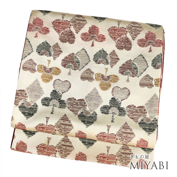 京袋帯 リサイクル 帯丈376cm 全通 トランプ柄 ベージュ Mサイズ ポリエステル Aランク お洒落 カジュアル