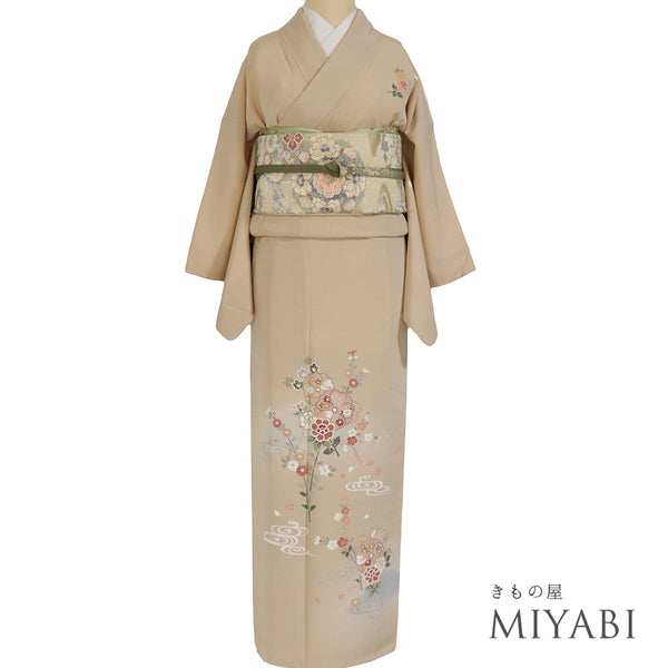 訪問着 リサイクル 身丈155.3cm 裄63.2cm 袷 草花柄 観世水 ぼかし ベージュ Sサイズ お洒落 正絹 広衿 Sランク