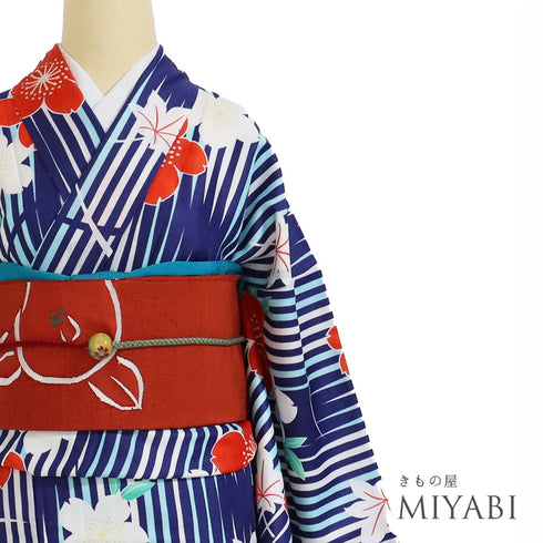 小紋 リサイクル 身丈167cm 裄68cm 袷 花柄 ブルー LLサイズ お洒落 カジュアル しつけ糸 ポリエステル 洗える着物 広衿 Sランク