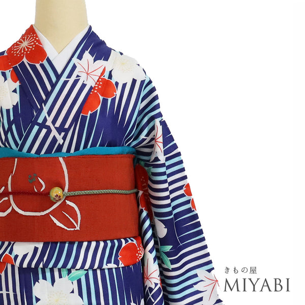 小紋 リサイクル 身丈167cm 裄68cm 袷 花柄 ブルー LLサイズ お洒落 カジュアル しつけ糸 ポリエステル 洗える着物 広衿 Sランク