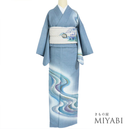 付下げ リサイクル 身丈156cm 裄65cm 袷 紬 流水柄 ゆったりサイズ ブルー Mサイズ お洒落 落款 しつけ糸 正絹 広衿 Sランク