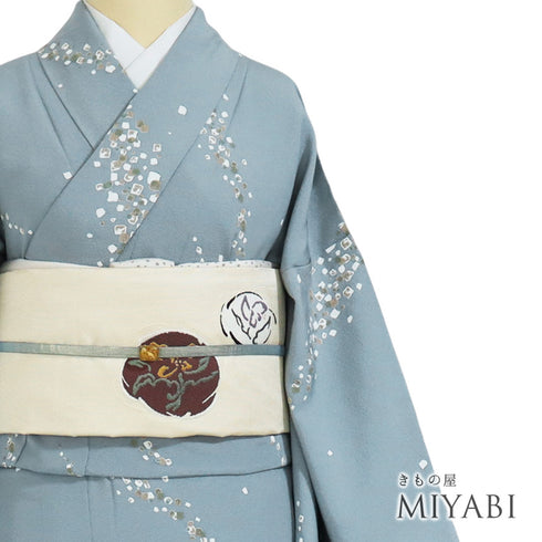 小紋 リサイクル 身丈156.2cm 裄66cm 単衣 ブルー Mサイズ 正絹 広衿 Sランク