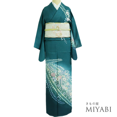 訪問着 リサイクル 身丈164cm 裄64.2cm 袷 付け下げ訪問着 辻ヶ花文様 絞り グリーン Lサイズ お洒落 正絹 広衿 Sランク