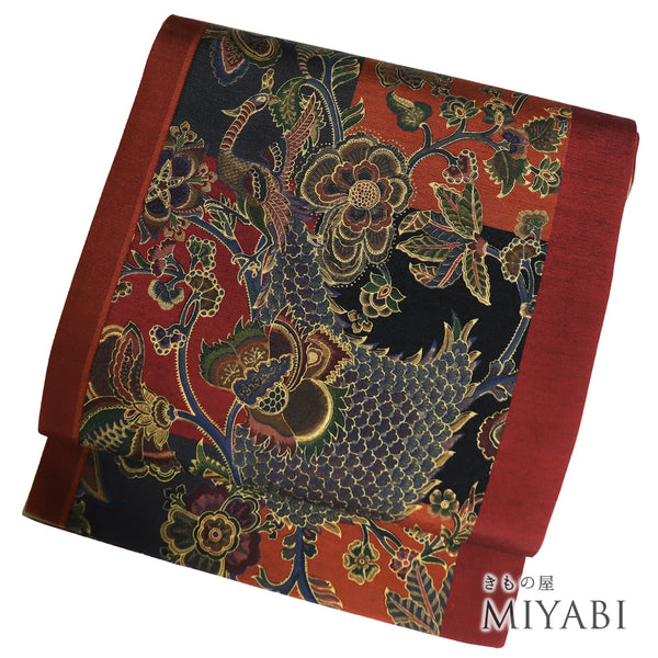 袋帯 リサイクル 帯丈480cm 全通 紬 鳥柄 花唐草模様 レッド LLサイズ 正絹 Sランク お洒落