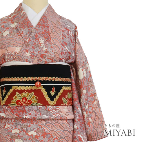 小紋 リサイクル 身丈159.6cm 裄64.4cm 袷 風景に松や菊柄 総柄 ゆったりサイズ ピンク Mサイズ お洒落 正絹 広衿 Sランク