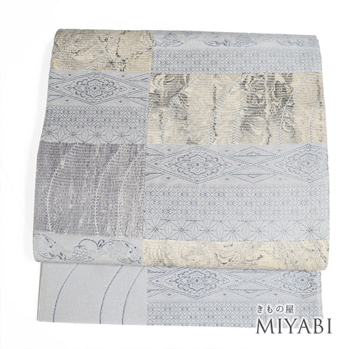 袋帯 リサイクル 帯丈448cm 六通 ポイント柄 変わり織り グレー Mサイズ 正絹 新品・未使用品 お洒落