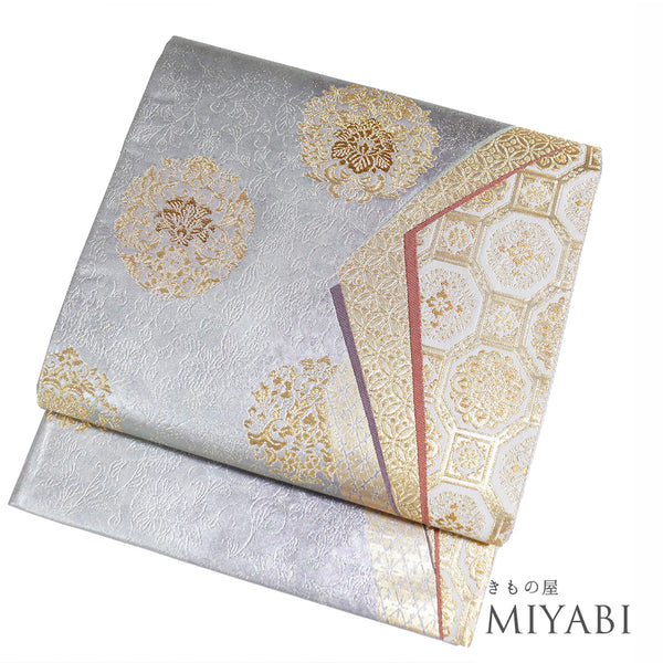 袋帯 リサイクル 帯丈428cm 六通 清薫典雅 正倉院花文 光琳 シルバー Sサイズ 正絹 新品・未使用品 フォーマル セミフォーマル