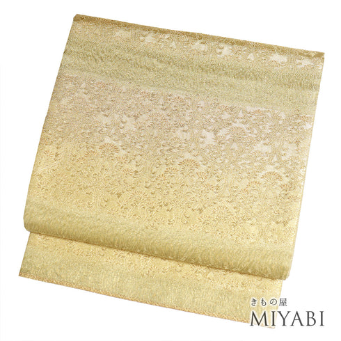 袋帯 リサイクル 帯丈446cm 六通 横段柄 綾綺織り 井関宗鱗 ゴールド Mサイズ 正絹 Sランク フォーマル