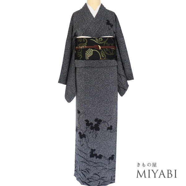 訪問着 リサイクル 身丈163.5cm 裄68.4cm 袷 ひょうたん模様 たたき染め 岸上純平 ブラック Lサイズ お洒落 落款 しつけ糸 正絹 広衿 Sランク