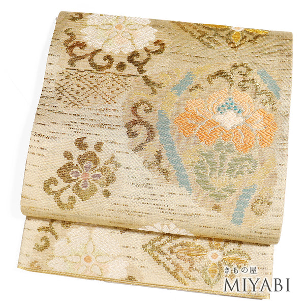 袋帯 リサイクル 帯丈444cm 六通 花柄 刺繍 ブラウン Mサイズ 正絹 Sランク お洒落