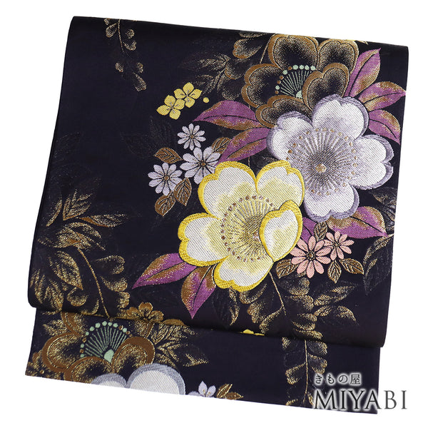 袋帯 リサイクル 帯丈444cm 六通 梅や藤柄 刺繍 パープル Mサイズ 正絹 Sランク フォーマル