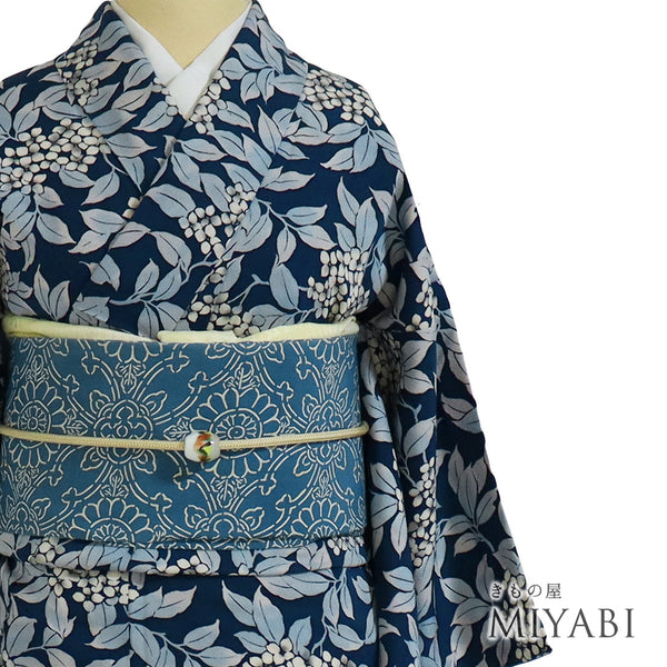 小紋 リサイクル 身丈150.5cm 裄62.4cm 袷 花柄 ネイビー Sサイズ お洒落 カジュアル 正絹 広衿 Sランク