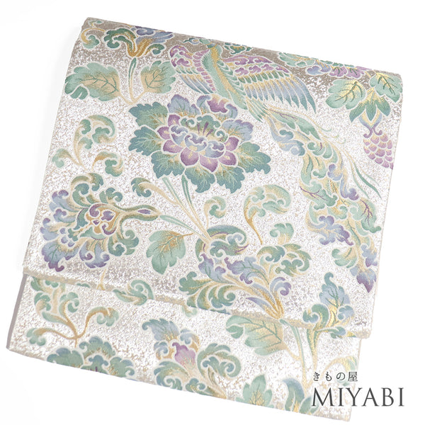 袋帯 リサイクル 帯丈432cm 六通 鳳凰に花唐草柄 シルバー Sサイズ 正絹 新品・未使用品 フォーマル セミフォーマル