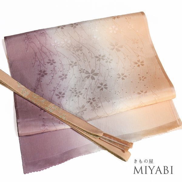 帯締め・帯揚げセット リサイクル お洒落 平組紐 ちりめん 多色 正絹 新品・未使用品 縦ぼかしに桜の地紋柄