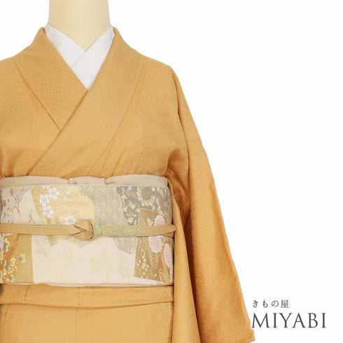 色無地 リサイクル 身丈154.6cm 裄63.2cm 袷 花唐草に桐柄 オレンジ Sサイズ お洒落 正絹 広衿 地紋あり Sランク