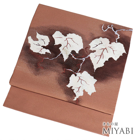 名古屋帯 リサイクル 帯丈360cm ポイント柄 蔦柄 ブラウン Mサイズ 正絹 Sランク カジュアル お洒落