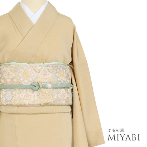 色無地 リサイクル 身丈156.5cm 裄65.8cm 袷 扇面流し柄 松尾光琳 ブラウン Mサイズ フォーマル セミフォーマル 落款 一つ紋 しつけ糸 正絹 広衿 Sランク