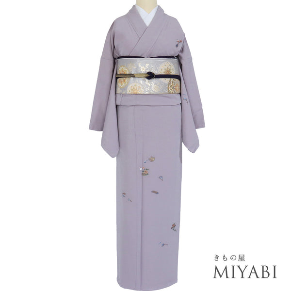 付下げ リサイクル 身丈163.5cm 裄69.6cm 袷 茶道具に花籠柄 刺繍 パープル Lサイズ お洒落 正絹 広衿 Sランク