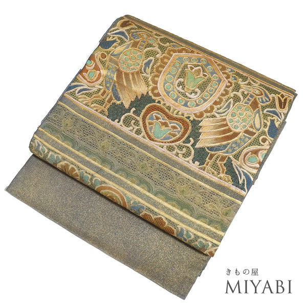 袋帯 リサイクル 帯丈468cm ポイント柄 汕頭 壁画柄 オリエンタル柄 ゴールド LLサイズ 正絹 Sランク お洒落