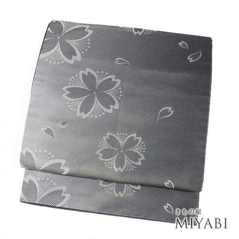 京袋帯 リサイクル 帯丈366cm 全通 桜にぼかし柄 グレー Mサイズ ポリエステル Sランク お洒落 カジュアル